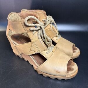 Sorel Joanie Lace Sandals Womens Size 9 Tan Leather Wedge Peep Toe Cutout Shoes